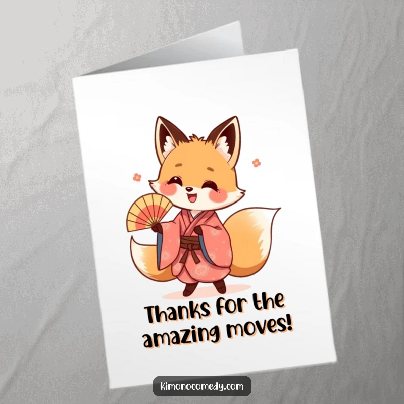 Funny Free Printable Thank You Card: Kawaii fox in a kimono performs a graceful fan dance expressing thanks.