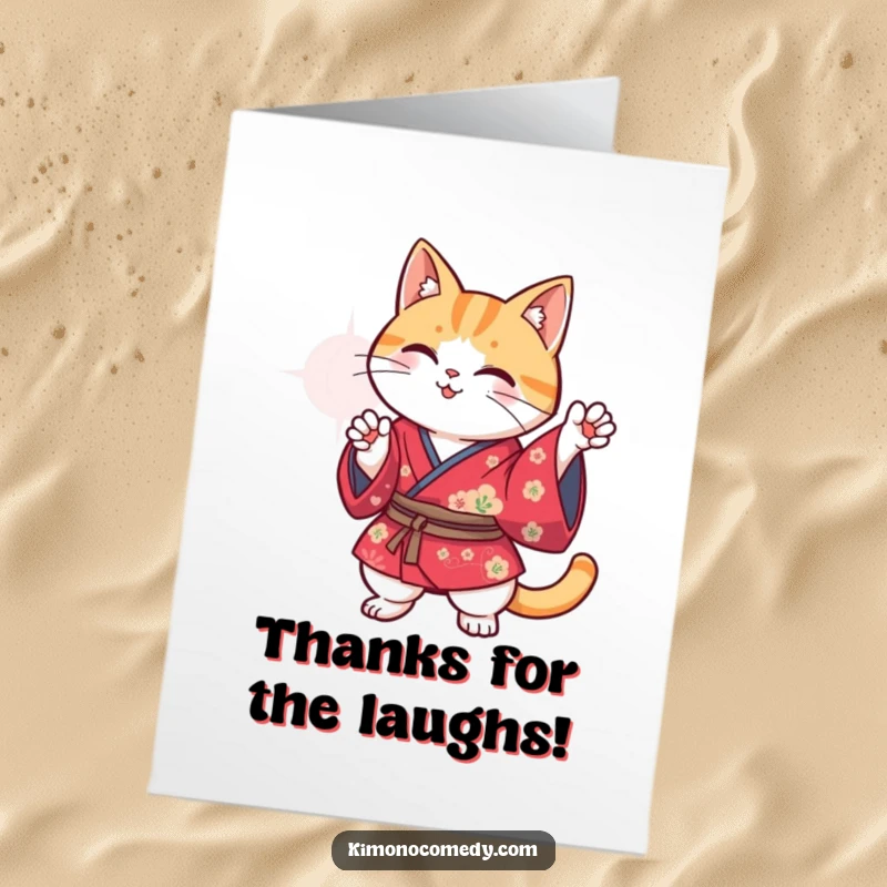 Funny Free Printable Thank You Card: Kawaii cat in a bright kimono strikes a silly, attention-grabbing pose to show thanks.
