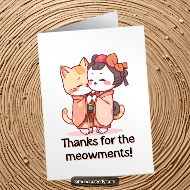 Funny Free Printable Thank You Card: Kawaii cat in a beautiful kimono leans in to share a grateful secret with a friend.