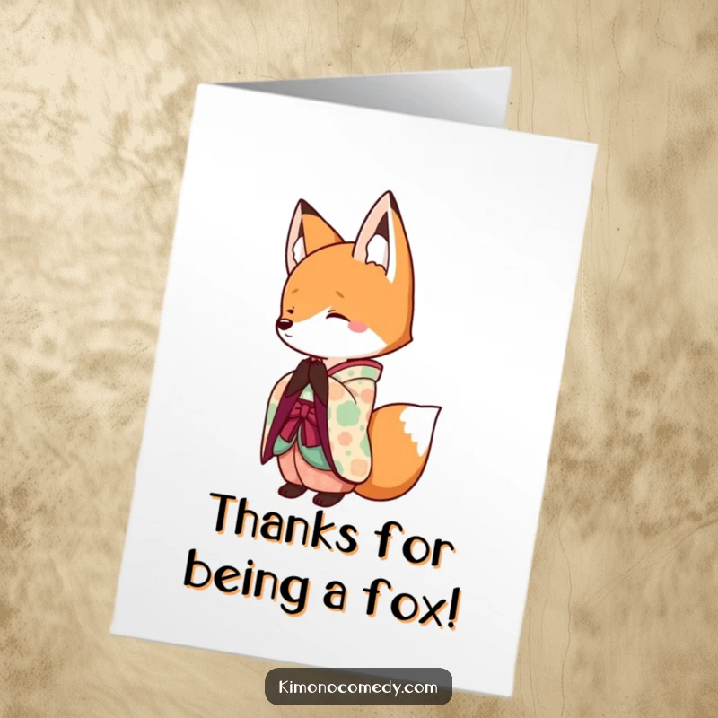 Funny Free Printable Thank You Card: Kawaii fox in a colorful kimono bowing demurely with a happy smile.