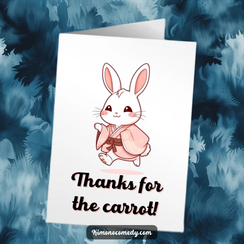 Funny Free Printable Thank You card: a happy rabbit in an ornate kimono hopping with elation.