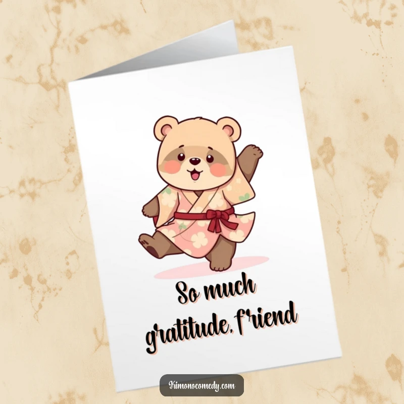 Funny Free Printable Thank You Card: A playful bear cub in a vibrant kimono does a clumsy, humorous cartwheel.