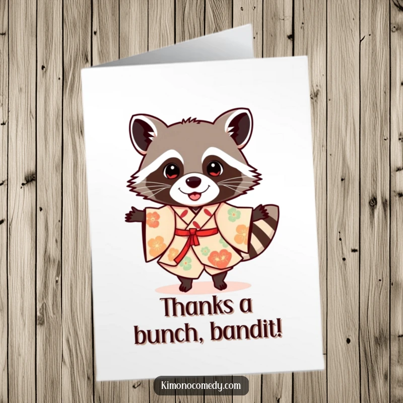 Funny Free Printable Thank You Card featuring a cheerful raccoon in a festive kimono, dancing to express thanks.