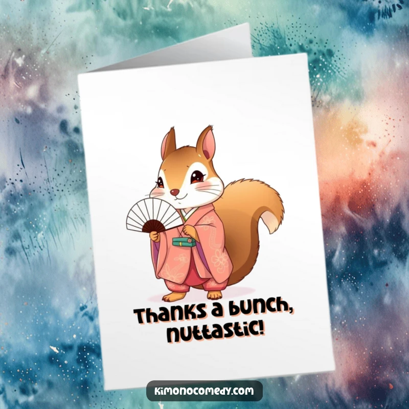 Funny Free Printable Thank You Card: A squirrel in a vibrant kimono gracefully holds a tiny fan, conveying sincere thanks with elegance.