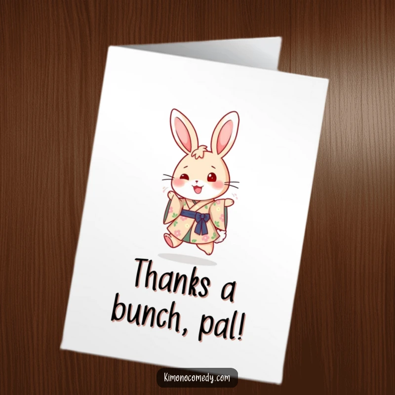 Funny Free Printable Thank You Card featuring a happy rabbit in a floral kimono, hopping with gratitude.