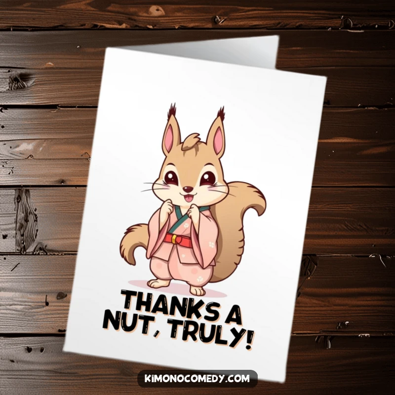 Funny Free Printable Thank You Card: Kawaii squirrel in a stylish kimono striking a cool, composed pose.