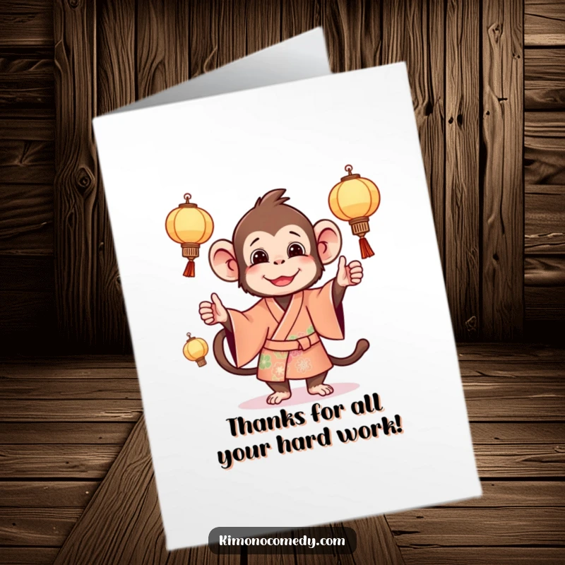 Funny Free Printable Thank You Card: A mischievous monkey juggles glowing miniature lanterns while wearing a bright kimono.