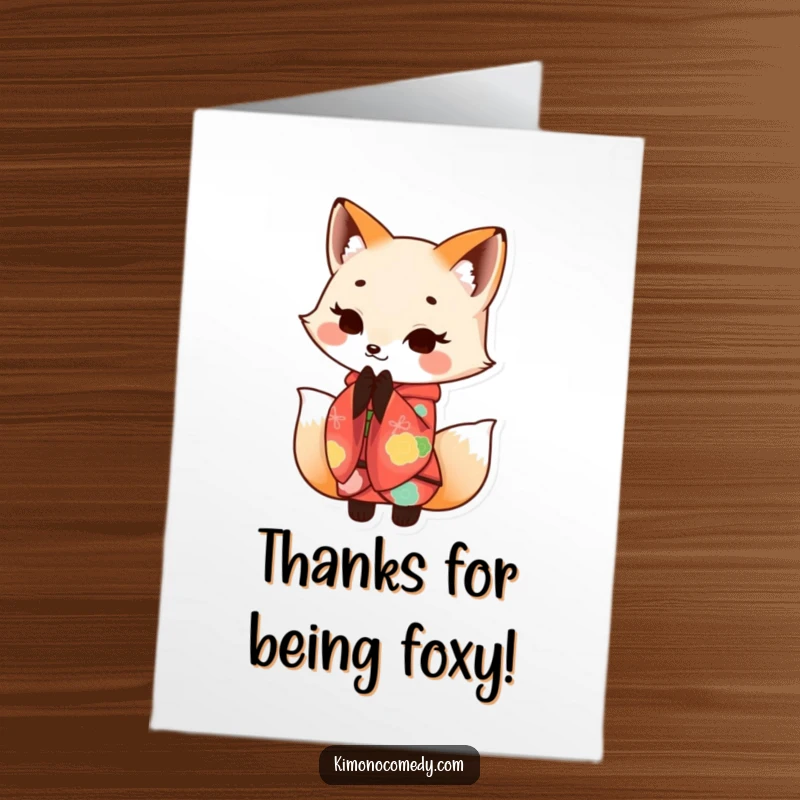 Funny Free Printable Thank You Card: A kawaii fox in a beautiful kimono, bowing politely with a grateful smile.