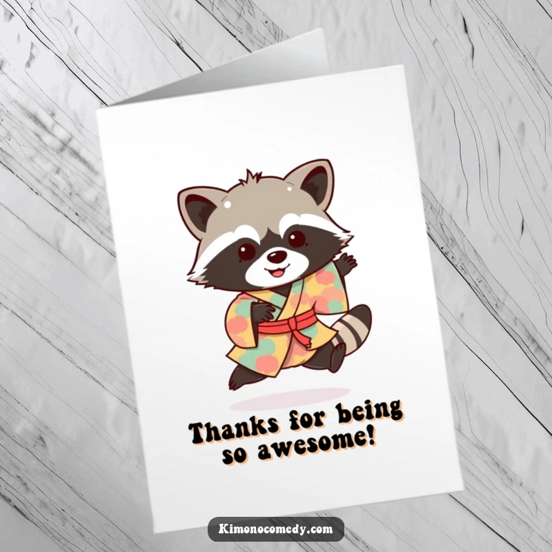 Funny Free Printable Thank You Card: A playful raccoon in a colourful kimono performs an excited little hop.