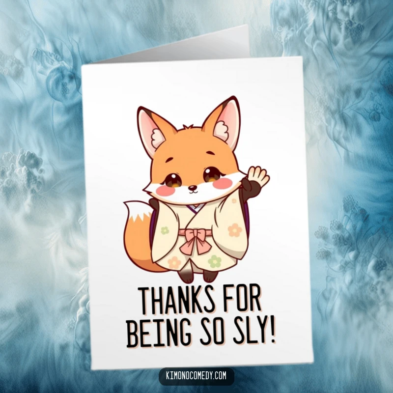 Funny Free Printable Thank You card: a friendly fox in a patterned kimono waving a paw.