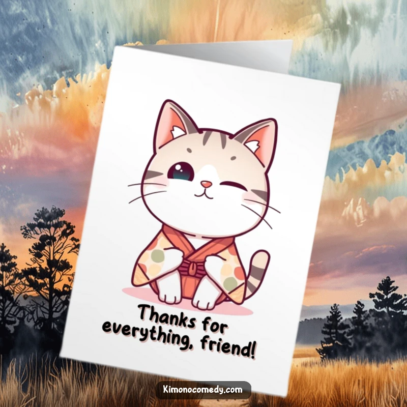 Funny Free Printable Thank You Card featuring a Kawaii cat in a whimsical kimono with its head tilted curiously.