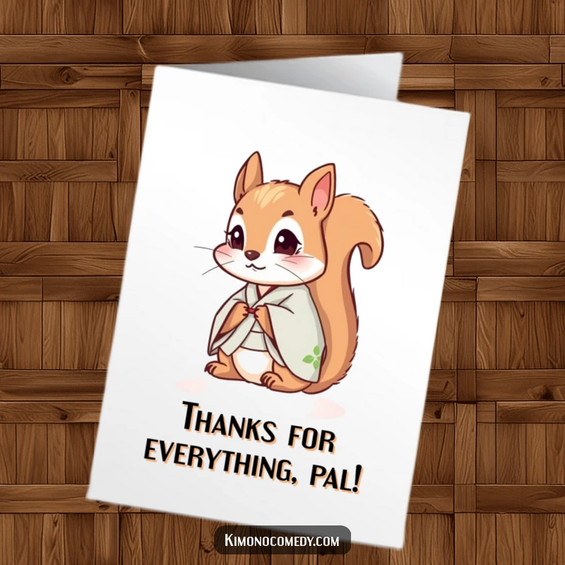 Funny Free Printable Thank You Card featuring a small squirrel in a kimono, looking curiously with gratitude.