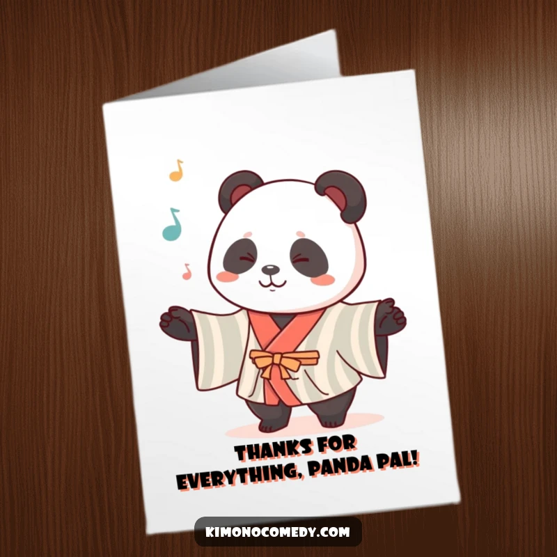 Funny Free Printable Thank You Card: Kawaii panda in a striped kimono juggling items as a thank you.