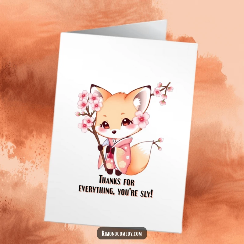 Funny Free Printable Thank You Card: Shy kawaii fox in a beautiful kimono peeking shyly, offering thanks.