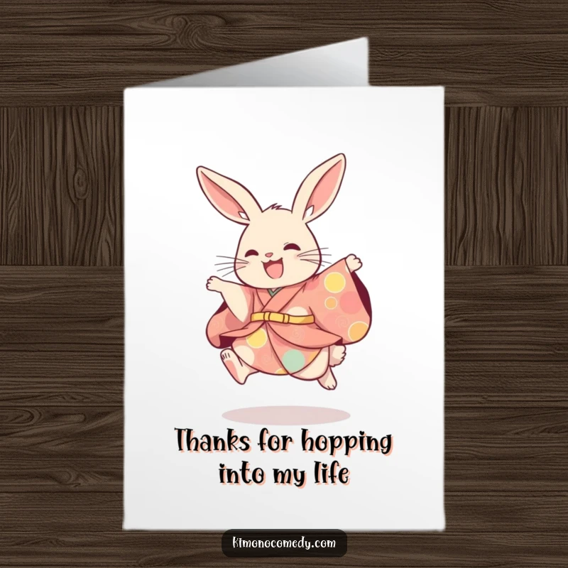 Funny Free Printable Thank You Card: A rabbit in a colorful kimono leaps playfully, conveying heartfelt thanks with a cheerful bounce.