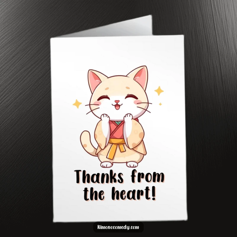 Funny Free Printable Thank You Card: Kawaii cat in an elegant silk kimono claps its paws with sincere gratitude.