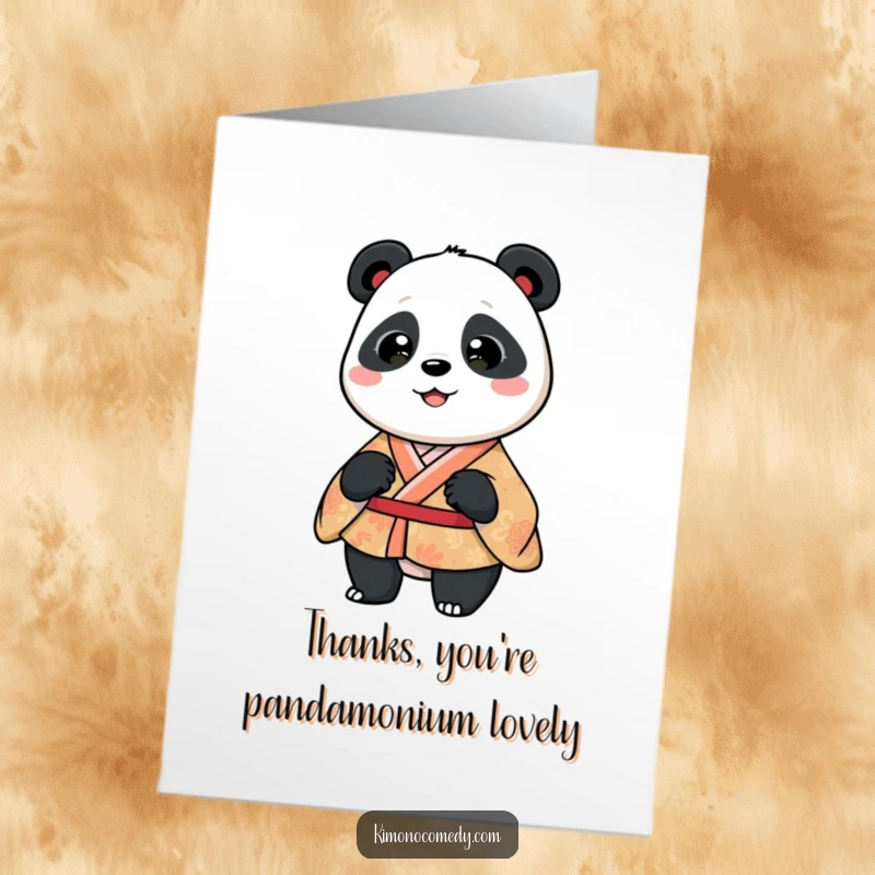 Funny Free Printable Thank You Card: A panda in a patterned kimono does a silly wiggle, conveying thanks with playful charm.