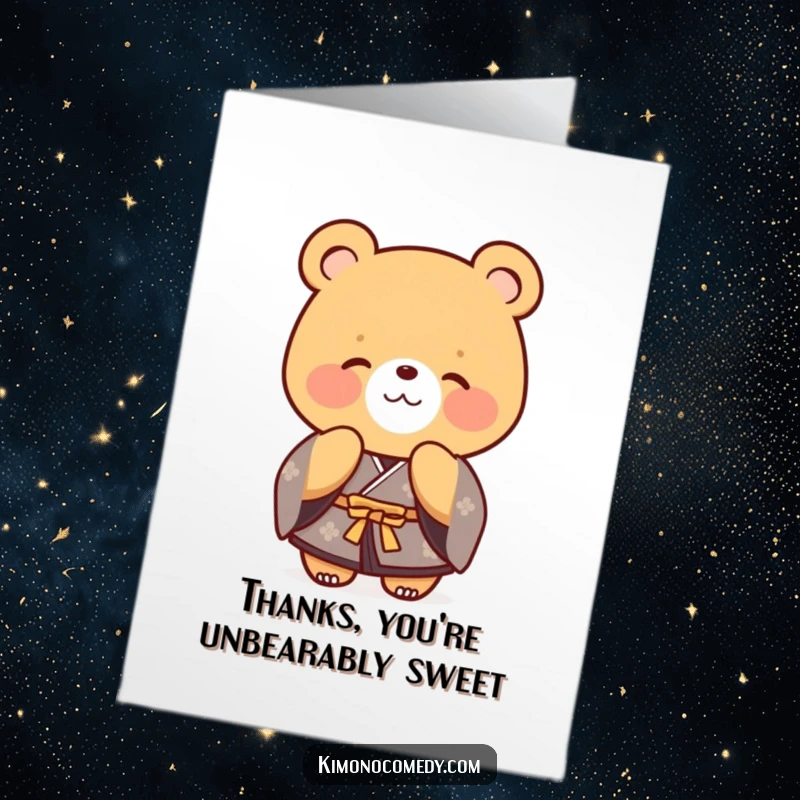 Funny Free Printable Thank You Card: A bear in a formal kimono bows politely and smiles, conveying heartfelt thanks.