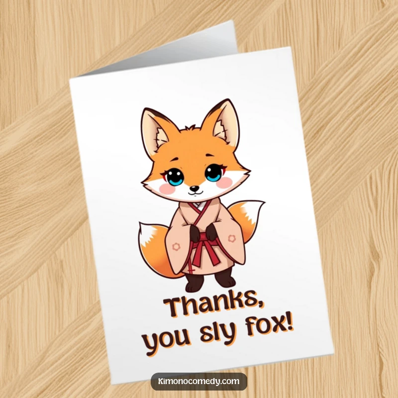 Funny Free Printable Thank You Card: A fox in a traditional kimono strikes a confident pose, exuding stylish appreciation.