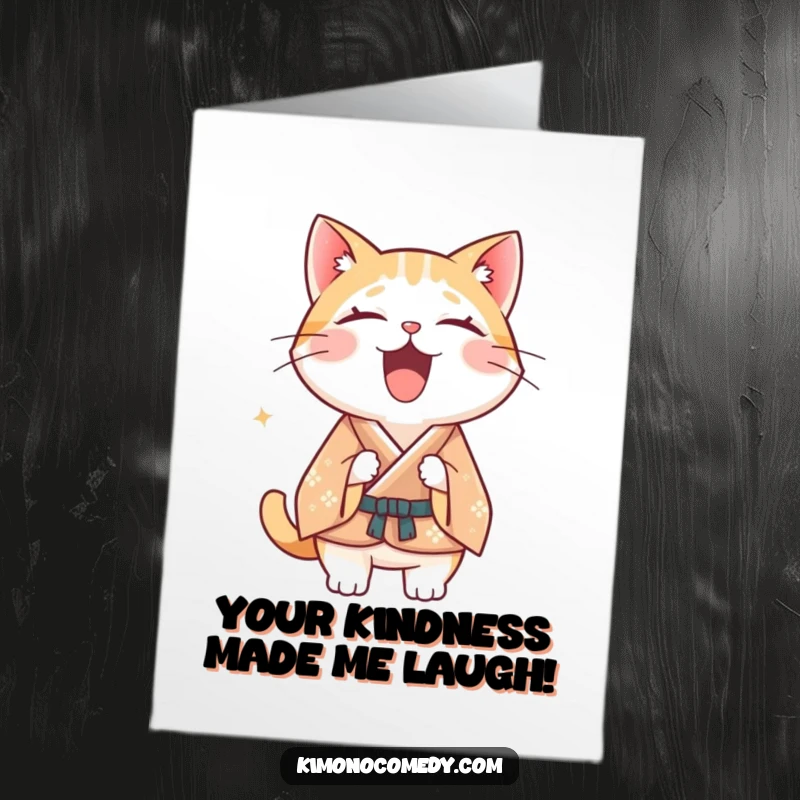 Funny Free Printable Thank You Card depicting a Kawaii cat in a formal kimono rolling with laughter.