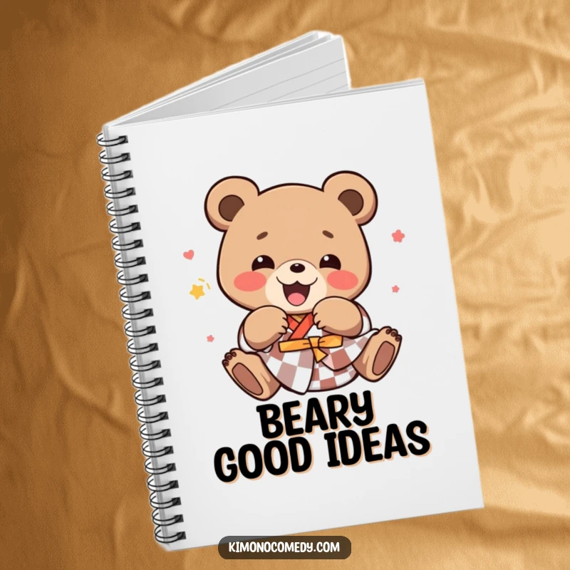 Funny kawaii bear in a checkered kimono, tumbling with pure happiness, inside a lined notebook.