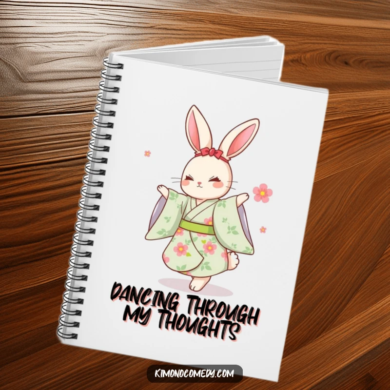 Funny Kawaii Rabbit Notebook: A cute notebook with a rabbit in a floral kimono dancing, ideal for notes and inspiration.