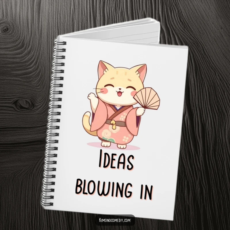 Funny cat fan notebook with a cute kawaii cat in a festive kimono, joyfully waving a fan, perfect for creative notes.