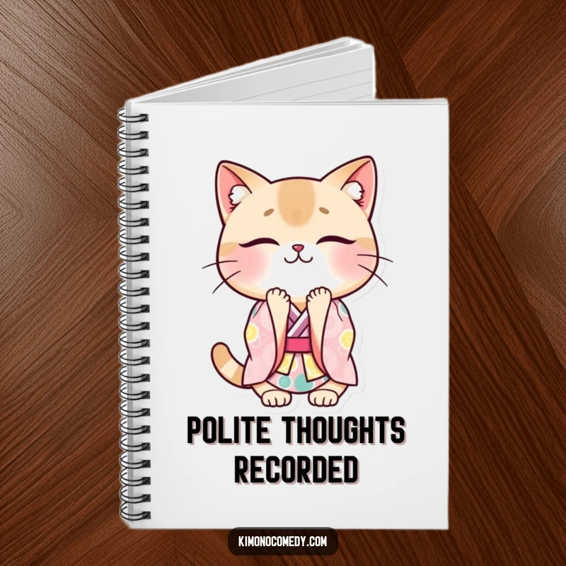 Funny cat kimono notebook featuring a cute kawaii cat in a kimono, bowing politely with a smile, perfect for note-taking.