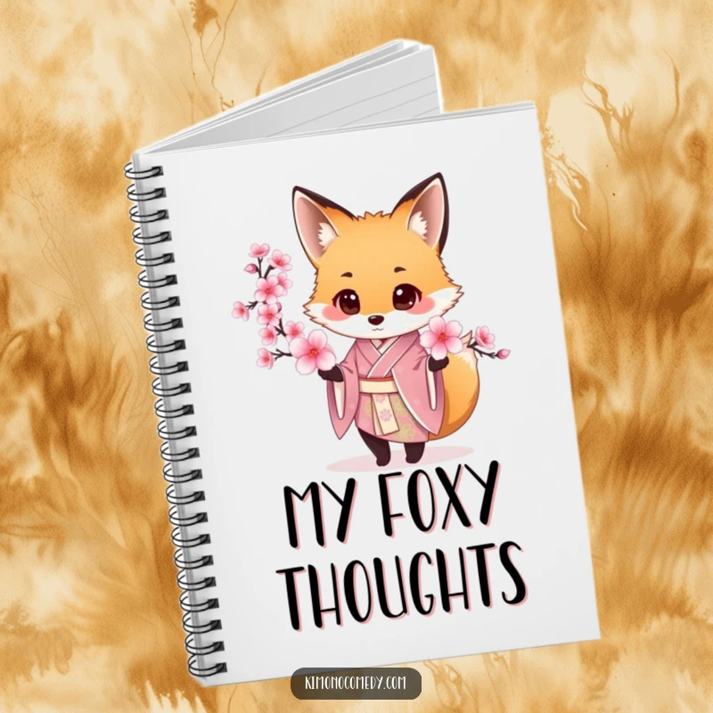 Funny Fox Kimono Notebook featuring a fox in a silk kimono offering a cherry blossom, perfect for jotting down notes.