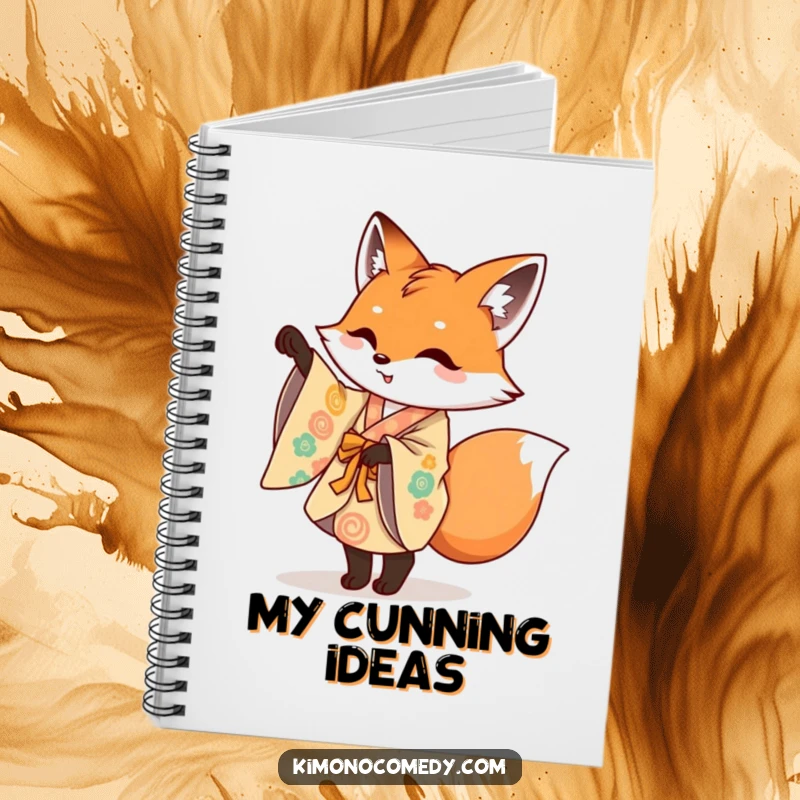 Funny notebook with a mischievous fox in a colorful kimono doing a playful pirouette, ideal for journaling artistic thoughts.