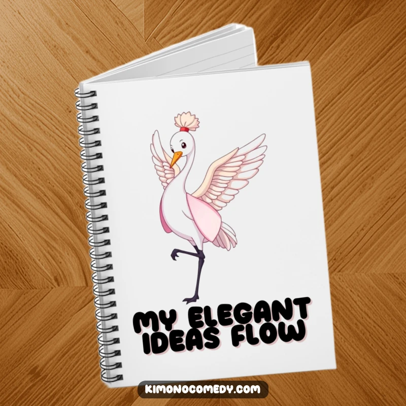 Funny crane in a flowing kimono dancing gently, cute journal, elegant ideas notebook, perfect humorous gift for students.