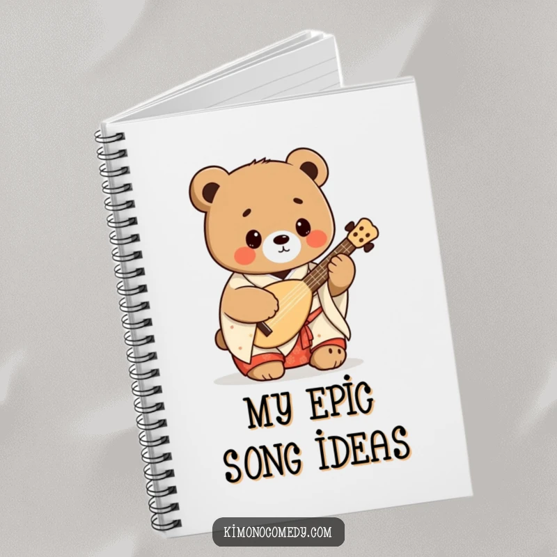 Funny kawaii bear with a shamisen in a kimono, featured on a notebook cover, ideal for humorous journaling and Japanese art lovers.