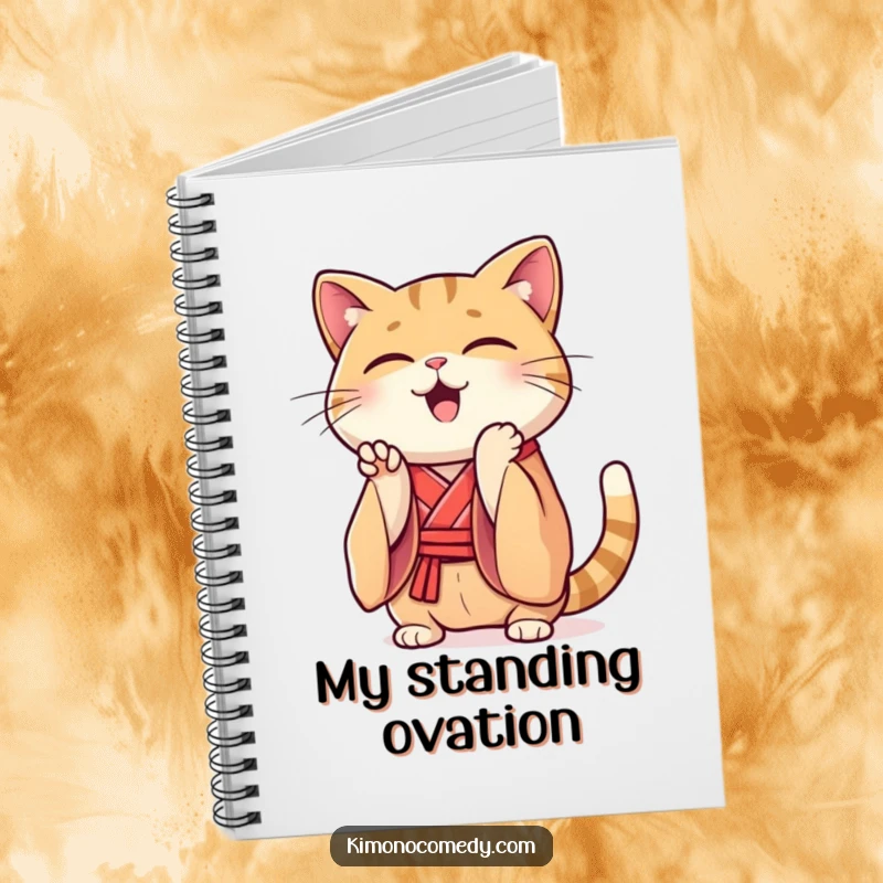 Funny Kawaii cat notebook, cover shows a cat in a silk kimono clapping paws enthusiastically, humorous stationery for notes.
