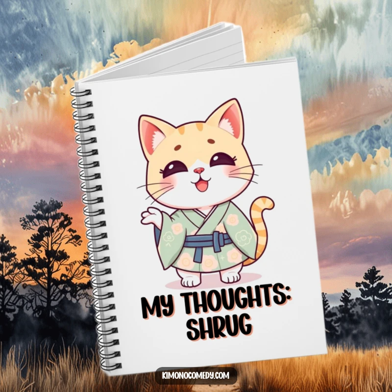 Funny Kawaii cat in a kimono, shrugging playfully, a cute and funny notebook for creative writing.