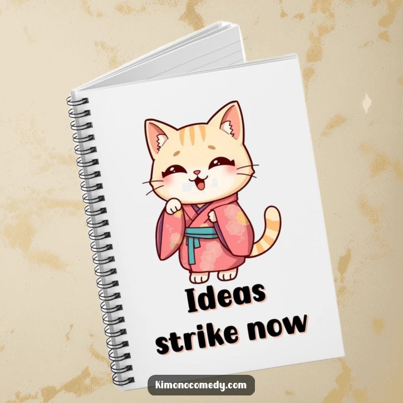 Funny Kawaii cat notebook, cover shows a cat in a vibrant kimono striking a funny pose, humorous stationery for notes.