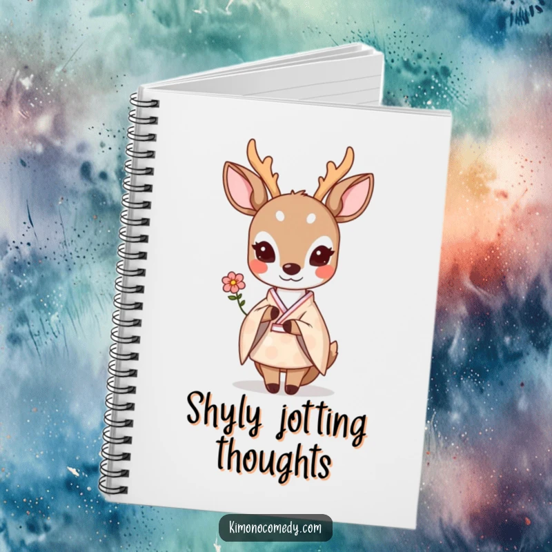 Funny shy kawaii deer in a pastel kimono, offering a small flower shyly, inside a lined notebook.