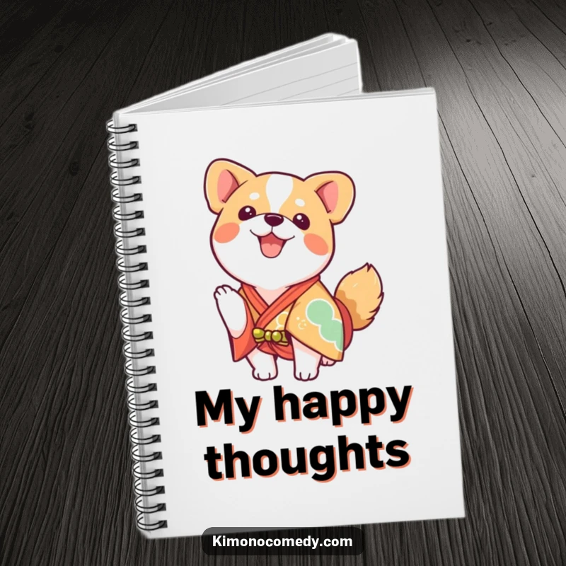 Funny kawaii dog wearing a bright kimono, wagging tail enthusiastically, notebook for notes and ideas.