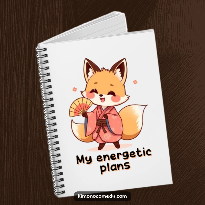 Funny kawaii fox notebook, with a fox in a kimono dancing on the cover, perfect for journaling.