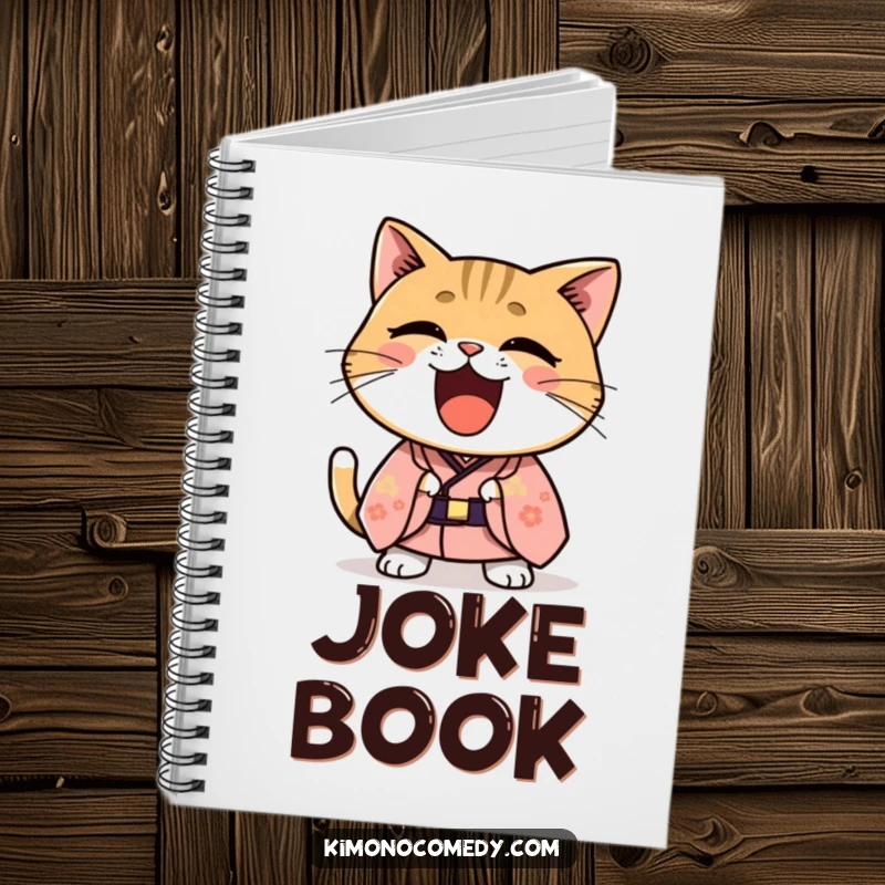 Funny Kawaii cat in a formal kimono laughing heartily, lined journal with a humorous and joyful cat design.