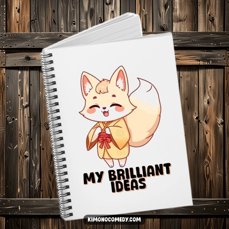 Funny Kawaii Kitsune Notebook: A giggling fox with many tails in a kimono is ready to jot down secrets, its expression full of mirth.