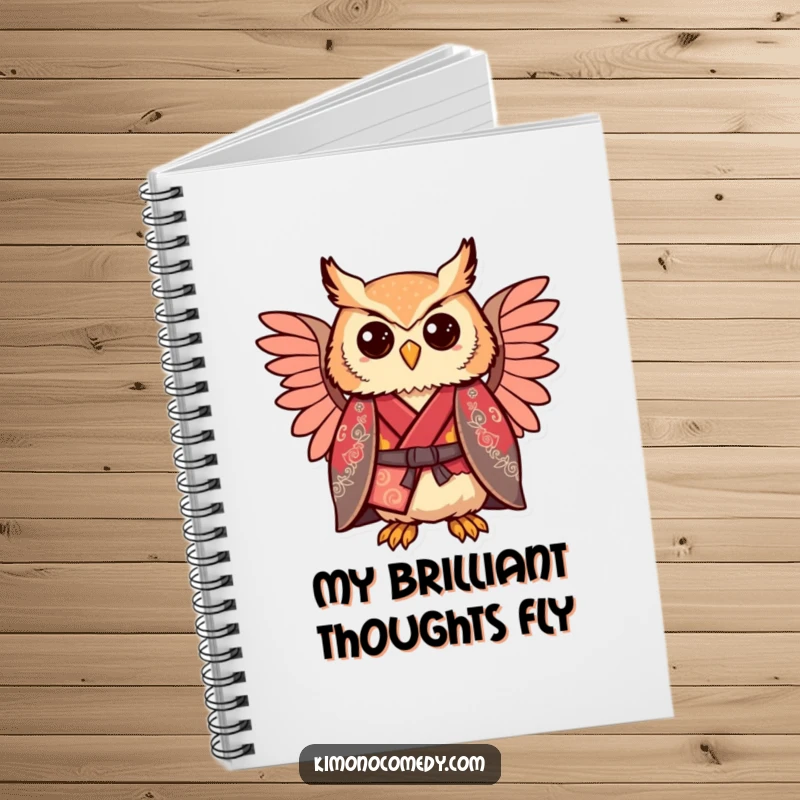 Funny kawaii owl wearing a regal kimono, comically proud, notebook for writing and sketching.