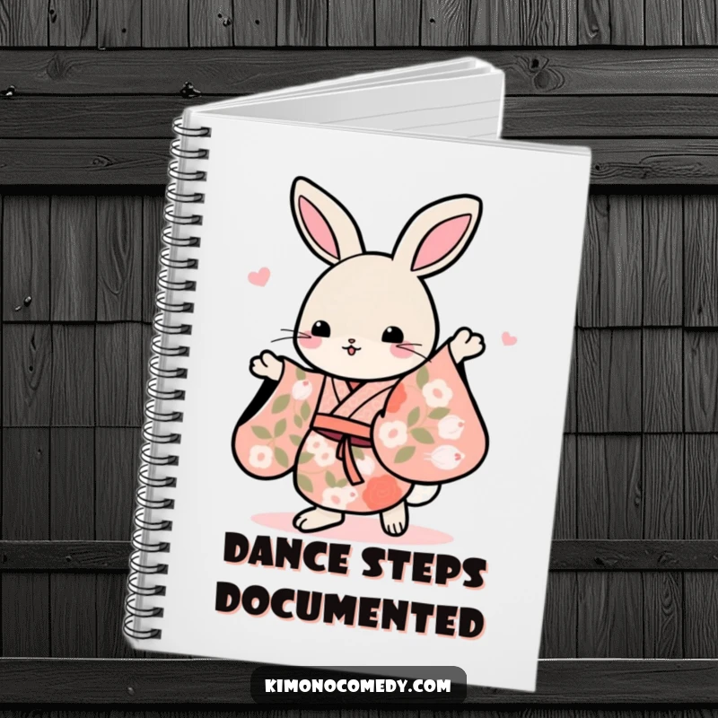Funny Kawaii rabbit in a floral kimono, dancing gracefully, featured on this notebook cover for elegant and humorous note-taking.