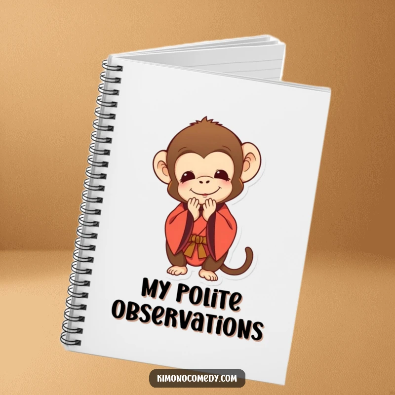 Funny notebook cover featuring a monkey in a kimono bowing deeply with a polite smile, ideal for capturing notes with respectful charm.