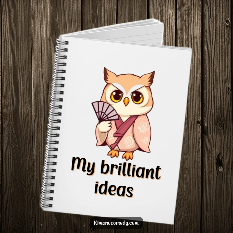 Funny owl in a kimono holding a fan, decorating a notebook, perfect for jotting down humorous thoughts or brilliant ideas.