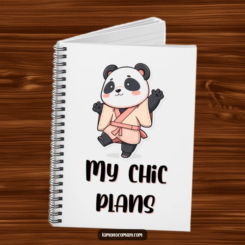 Funny panda notebook, a panda in a vibrant kimono striking a playful pose with one leg up, funny gift.