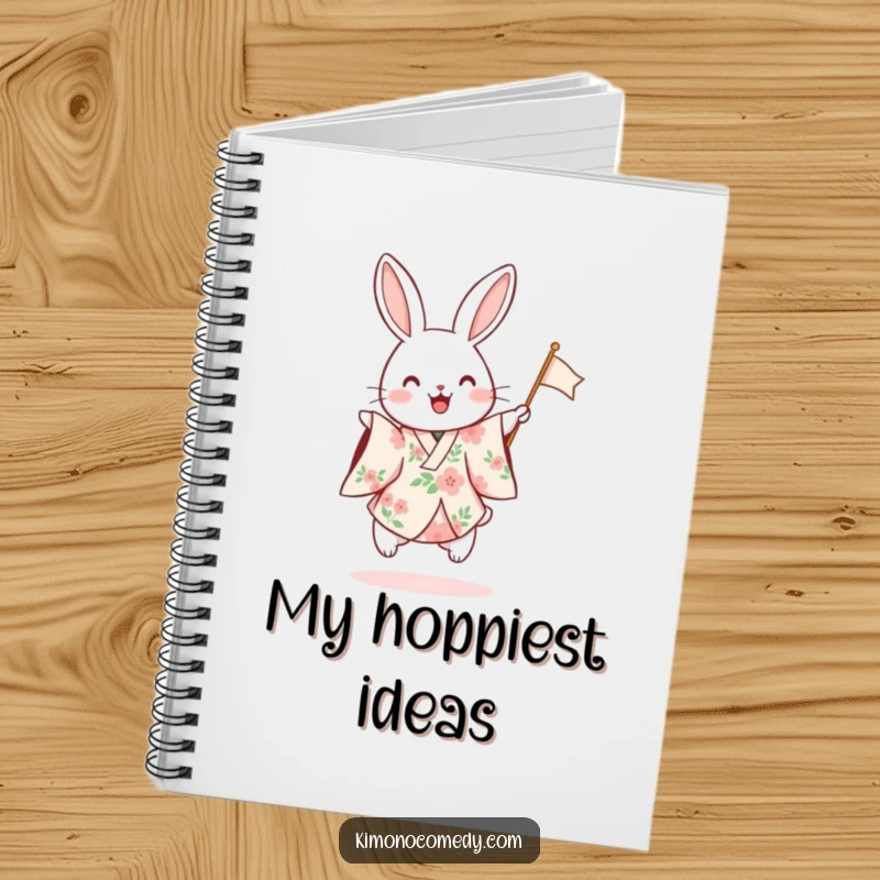 Funny notebook cover featuring a rabbit in a floral kimono hopping excitedly and waving a small flag, ideal for capturing joyful notes.