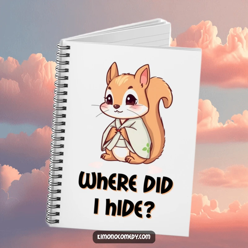 Funny squirrel in a kimono, looking curious, decorating a notebook, perfect for jotting down inquisitive thoughts or funny ideas.