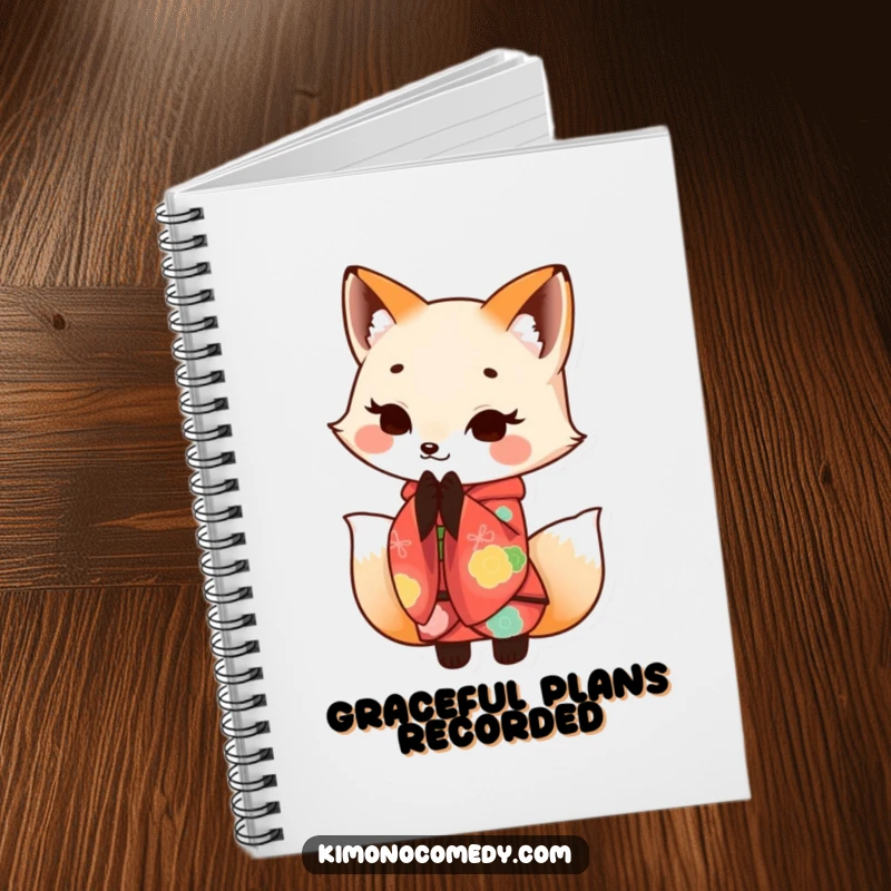 Funny Kawaii fox in a colorful kimono, bowing with a smile, featured on this notebook cover for elegant and humorous note-taking.