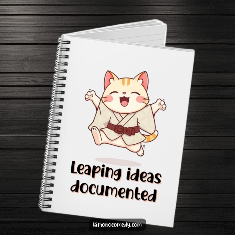 Funny cheerful kawaii cat in a patterned kimono, performing a graceful leap, inside a lined notebook.