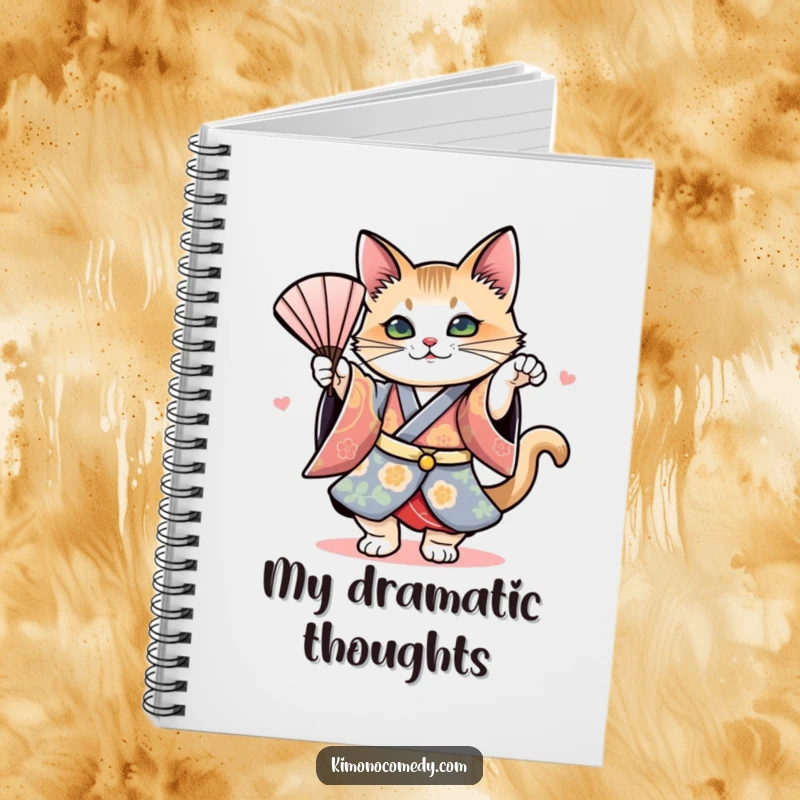 Funny notebook cover featuring a cat in a kimono performing a dramatic fan dance, ideal for capturing notes with artistic grace.